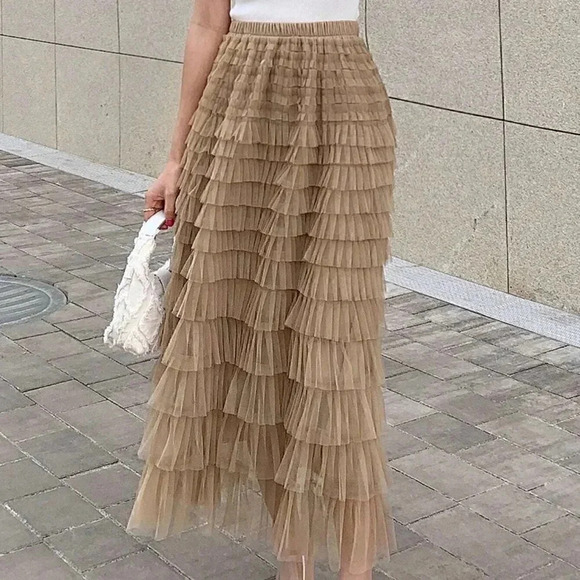 Khaki Boho Womens Solid Layer Ruffle Hem Mesh Skirt - Picture 3 of 5